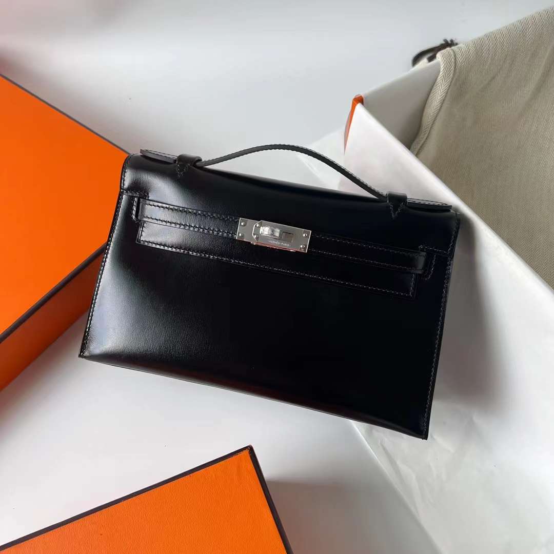 Túi Hermes Mini Kelly Pochette Boxcalf Black Silver Hardware Handmade khâu tay 22cm