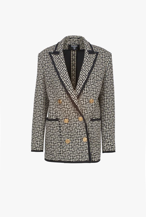 ÁO BALMAIN Ivory and black cotton boyfriend jacket with Balmain monogram
