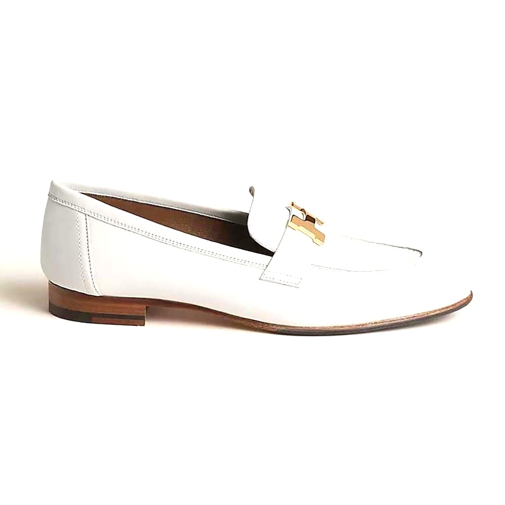 GIÀY Hermes Women Paris Loafer in Calfskin with Palladium Plated Signature “H” Detail-White