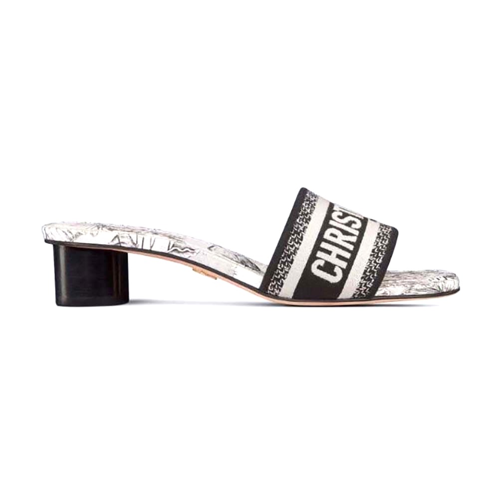GUỐC Dior Women Dway Heeled Slide White and Black Embroidered Cotton with Toile de Jouy Voyage Motif