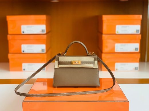 Túi Hermes mini kelly Epsom Etoupe Gold Hardware Hardware Handmade khâu tay 19cm