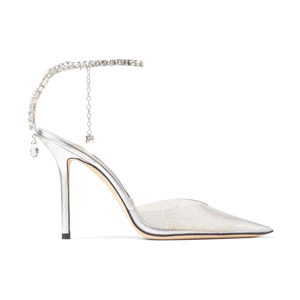 GIÀY Jimmy Choo Women Saeda 100 Silver Glitter Plexi Pumps with Crystal Embellishment