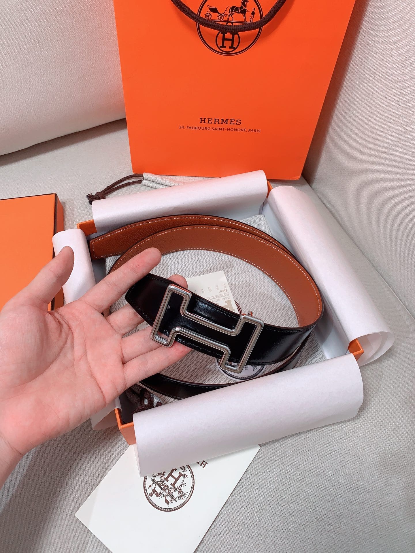 DÂY LƯNG HERMES H Togo leather hai mặt khóa bạc