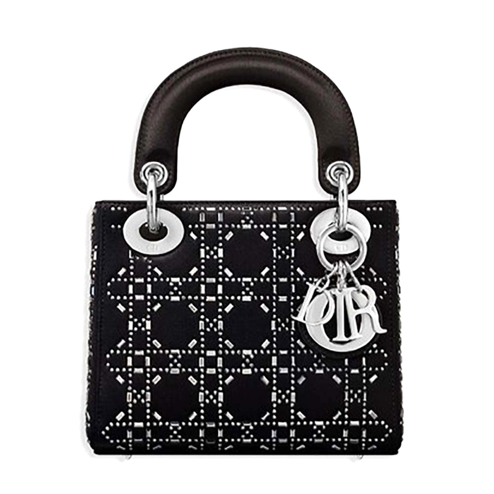 TÚI Dior Mini Lady Dior Bag in Black Cannage Satin with Rhinestones