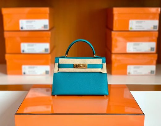 Túi Hermes mini kelly Epsom blue paon Gold Hardware Handmade khâu tay 19cm