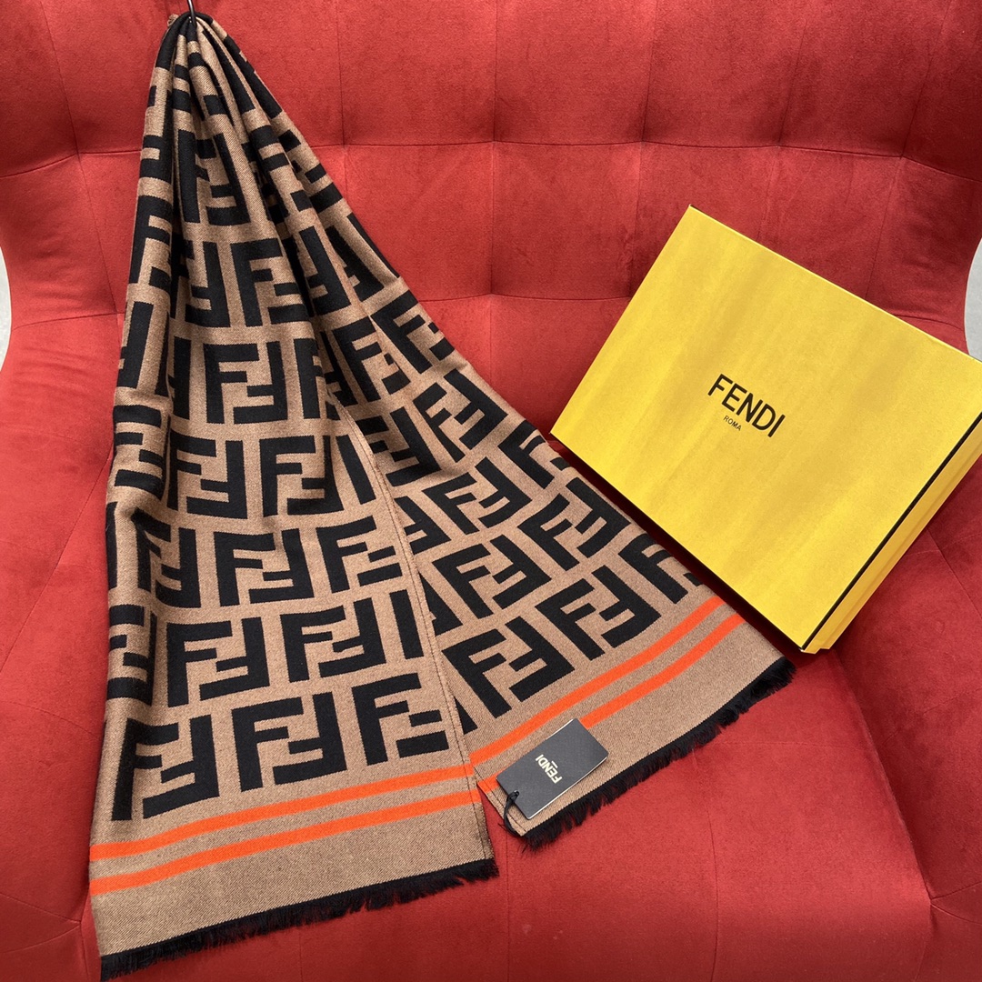 KHĂN Fendi FF Brown Black Cashmere Scarf