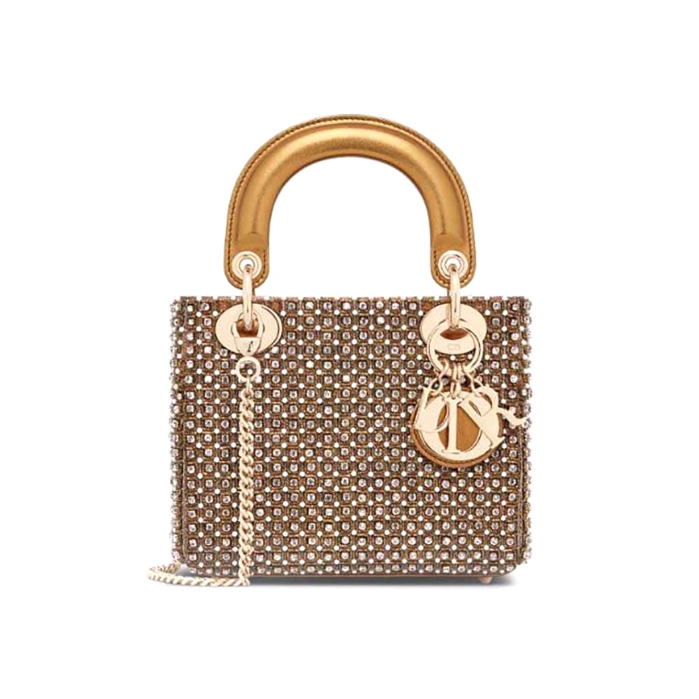 TÚI Dior Women Mini Lady Dior Bag Square-Pattern Embroidery Set with Strass and White Round Beads
