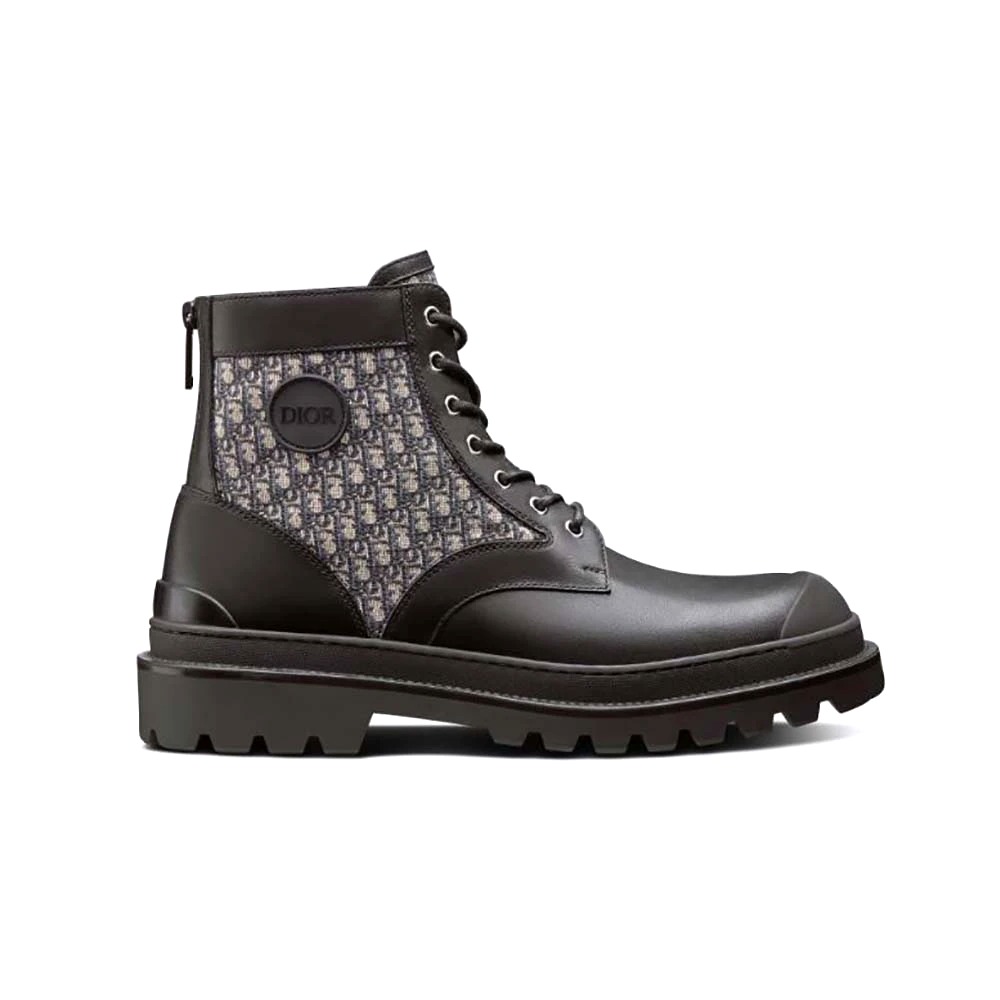 GIÀY Dior Explorer Ankle Boot Black Smooth Calfskin and Beige and Black Dior Oblique Jacquard