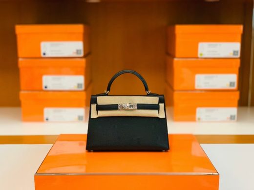 Túi Hermes Mini Kelly Epsom Black Silver Hardware Handmade khâu tay 19cm