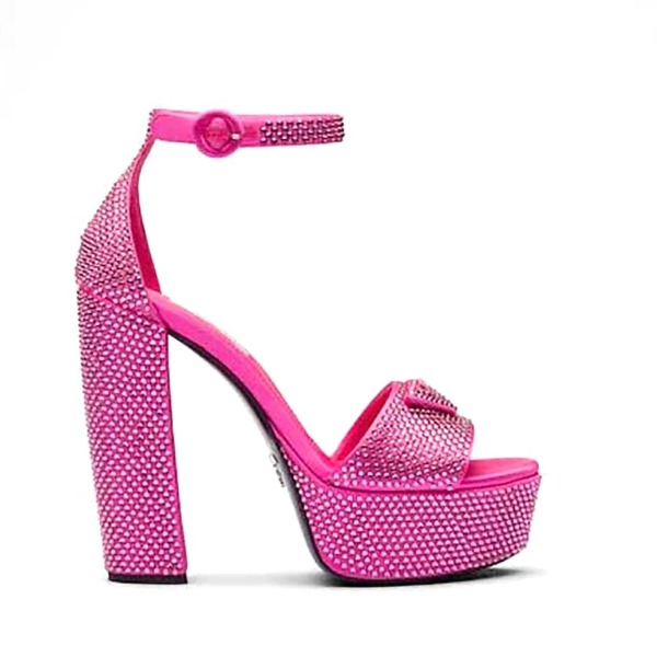 GIÀY Prada Women Satin Platform Sandals with Crystals-Pink