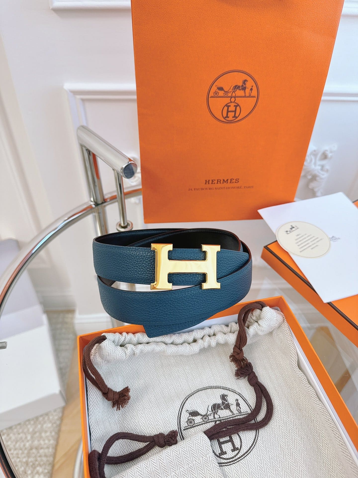 DÂY LƯNG HERMES H BLUE Togo leather hai mặt khóa bạc