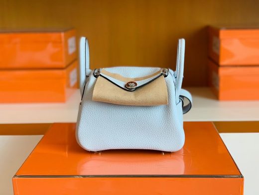 Túi Hermes Mini Lindy Light Blue Silver Hardware Handmade khâu tay 20cm