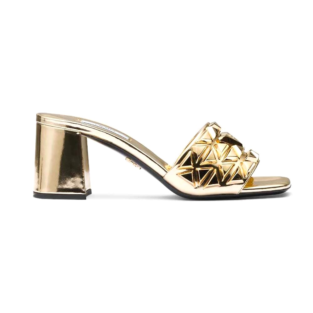 GUỐC Prada Women Studded Metallic Leather Mules-Gold