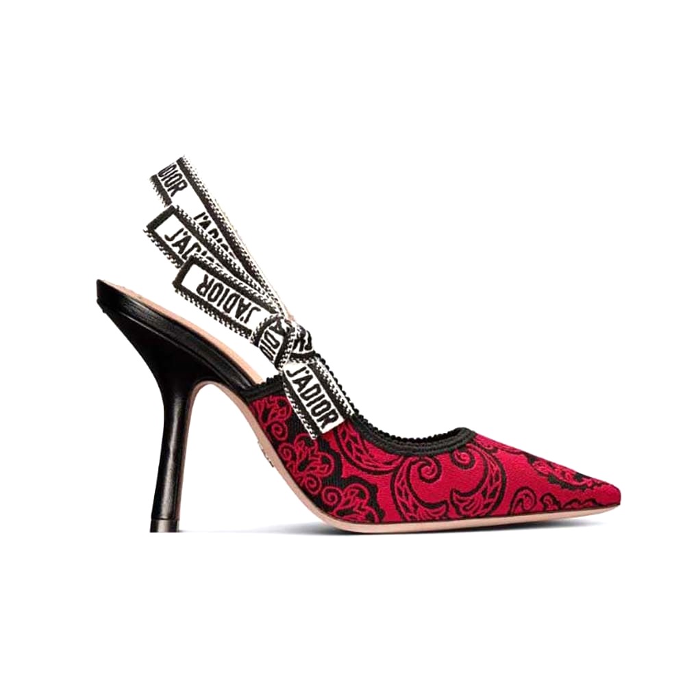 GIÀY Dior Women J’Adior Slingback Pump Black and Red Cotton with Dior Bandana Embroidery