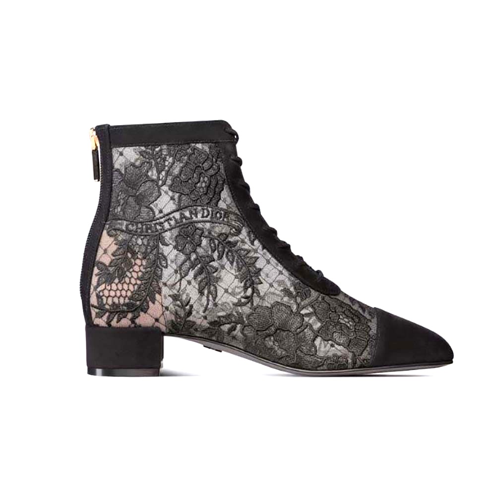 GIÀY Dior Women Naughtily-d Ankle Boot Black Transparent Mesh and Suede Embroidered