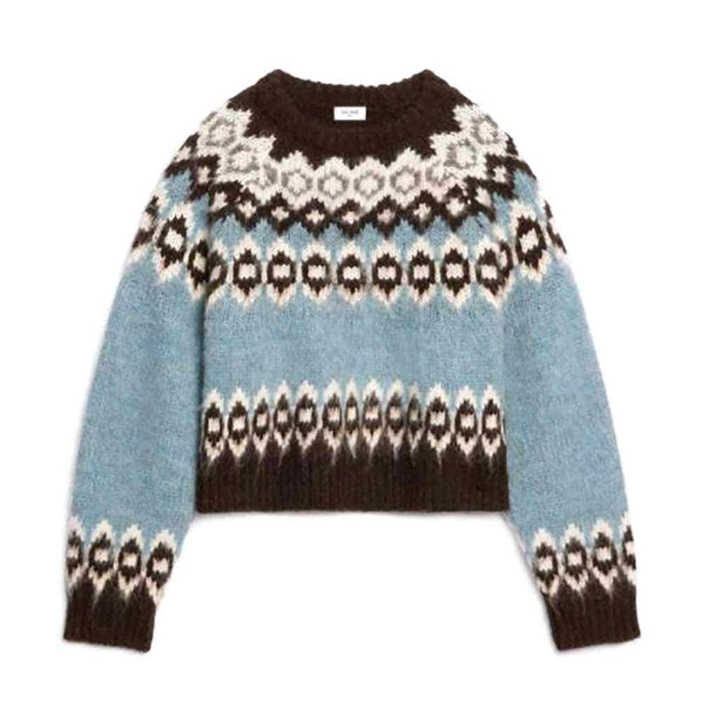 ÁO Celine Women Brushed Wool Crew-Neck Sweater with Fair Isle Detail