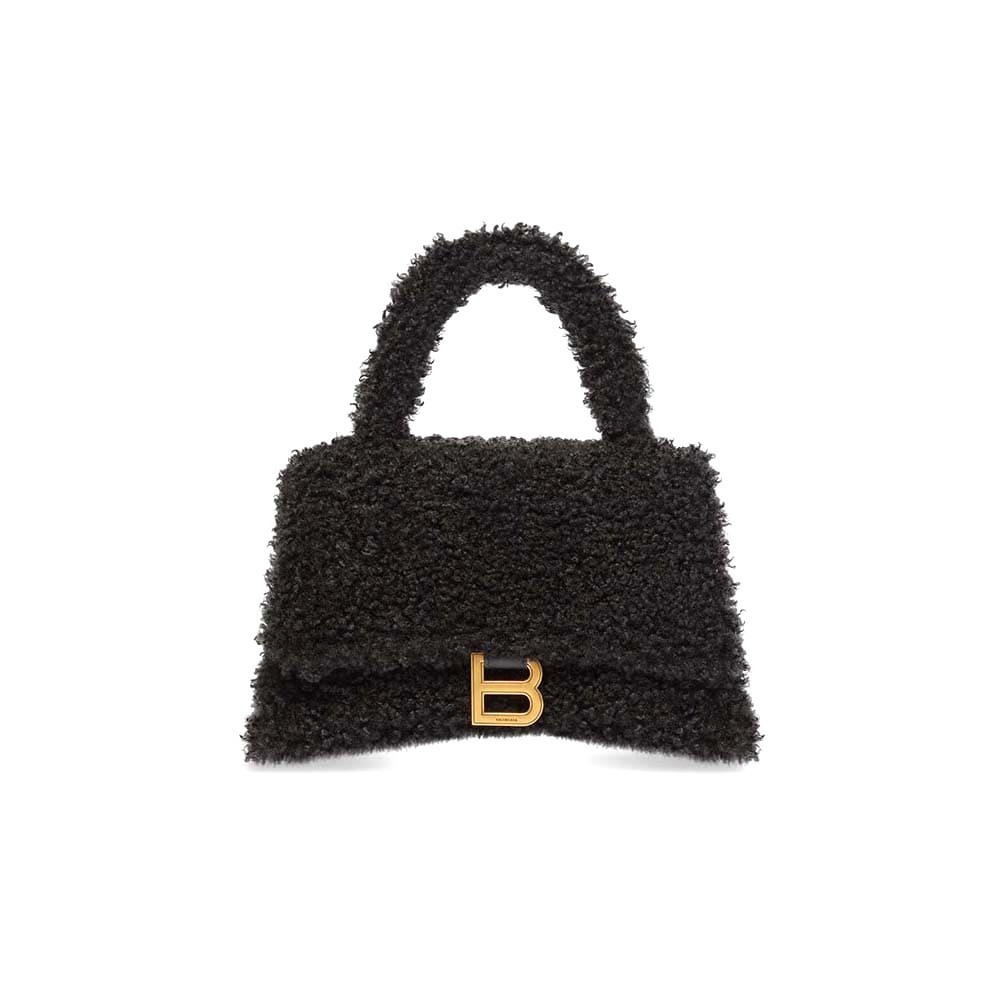 TÚI Balenciaga Women Furry Hourglass Small Handbag with Strap in Black