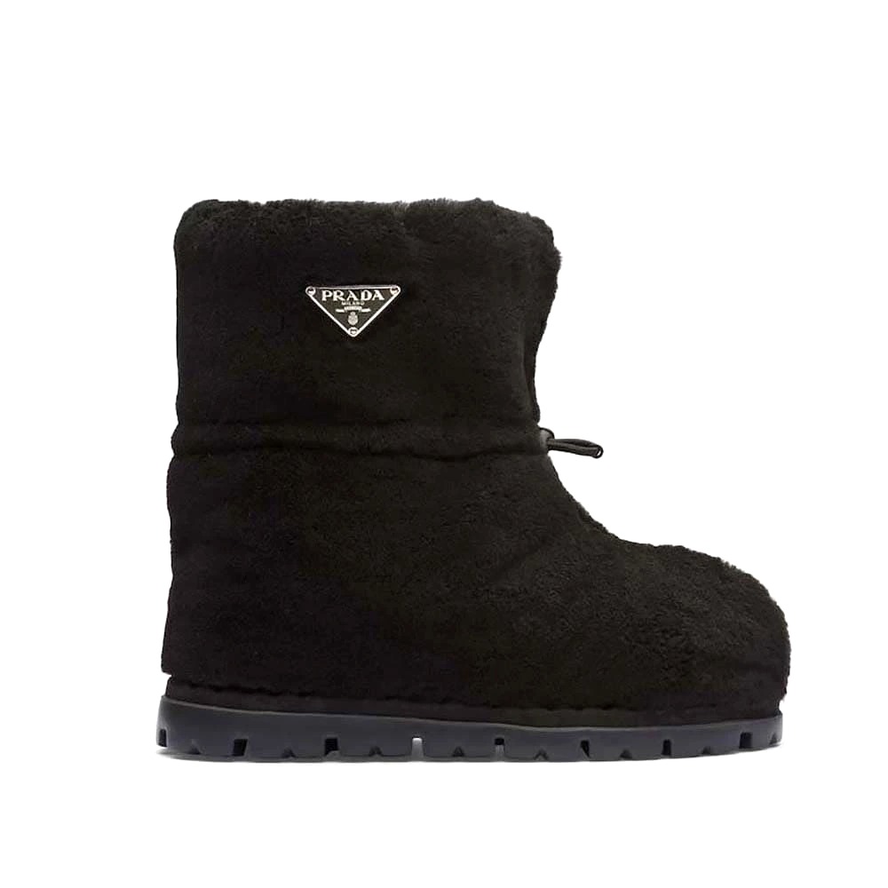 GIÀY Prada Women Shearling Booties with Enameled Metal Triangle Logo-Black