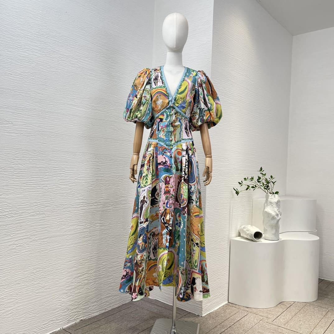 VÁY CAMILLA Summer Vacation Original V-Neck Floral Cotton Balloon Sleeve Midi Dress High Classy