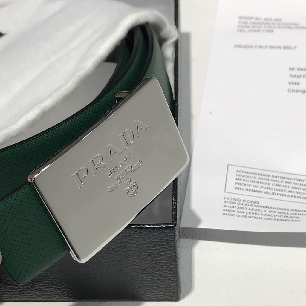 DÂY LƯNG PRADA GREEN SAFFIANO LEATHER Khóa bạc