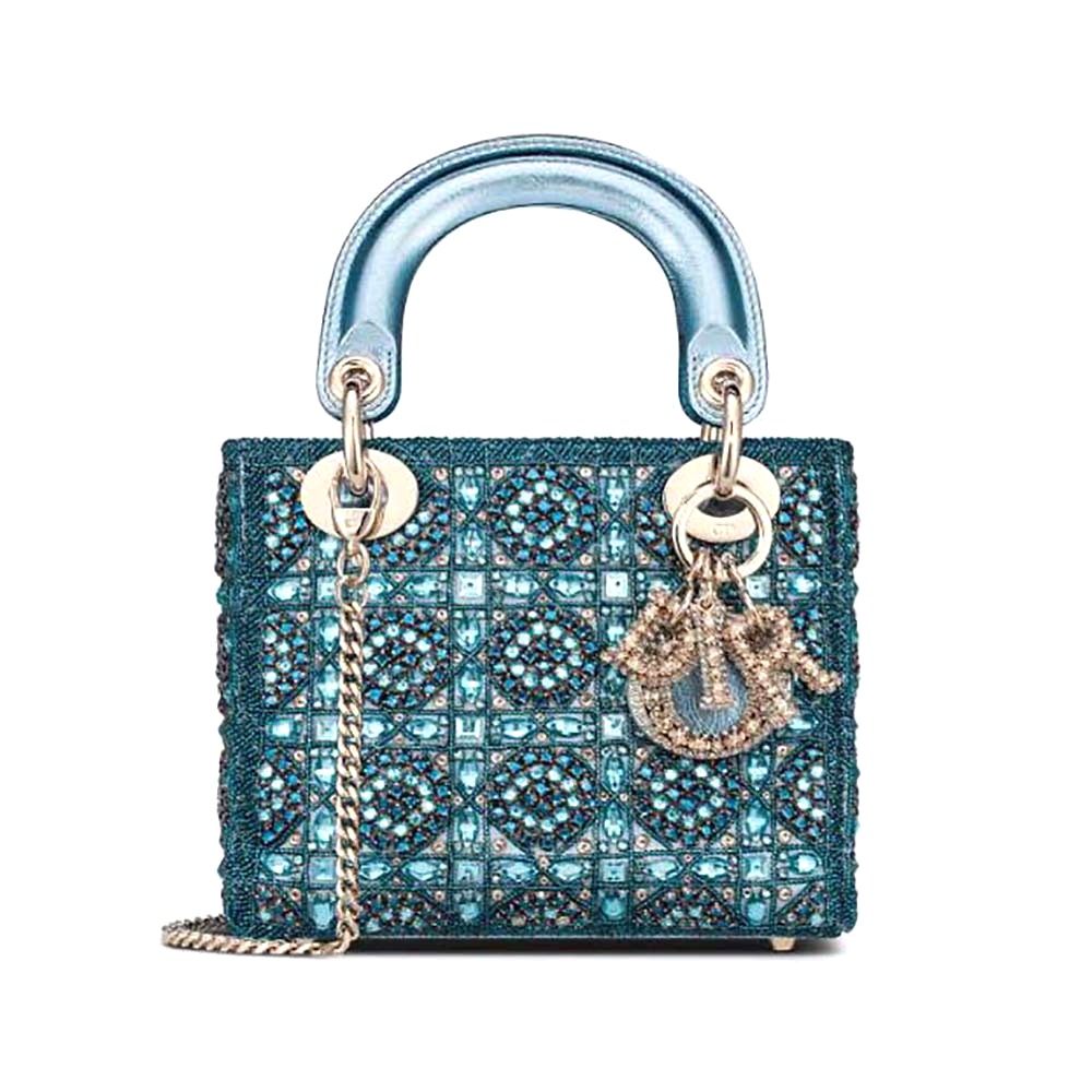 TÚI Dior Women  Small Lady Dior Bag Metallic Calfskin and Satin with Celestial Blue Bead Embroidery