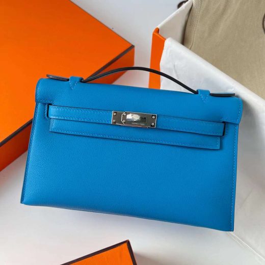 Túi Hermes Mini Kelly Pochette Swift Tanzanian blue Silver Hardware Handmade khâu tay 22cm