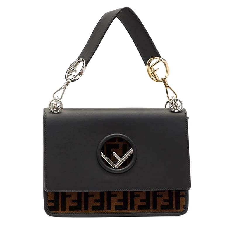 TÚI Fendi KAN I F Top Flap Strap Bag with Logo Stitch-Black