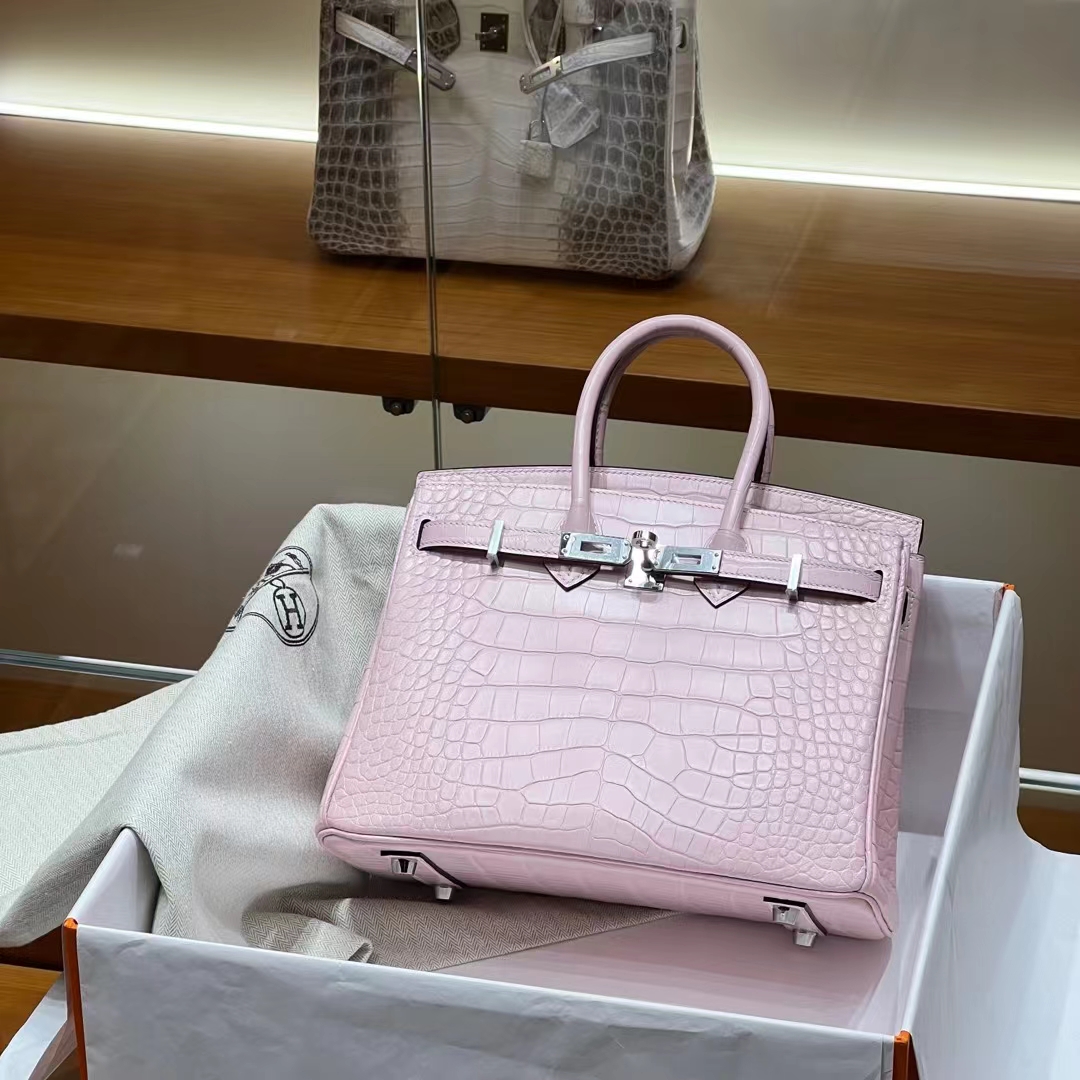 Túi Hermes Birkin Alligator Light Pink 25CM Handmade khâu tay(Giá liên hệ)