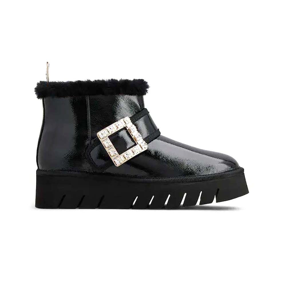 GIÀY Roger Vivier Women Viv’ Winter Fur Strass Buckle Ankle Boots in Patent Leather-Black