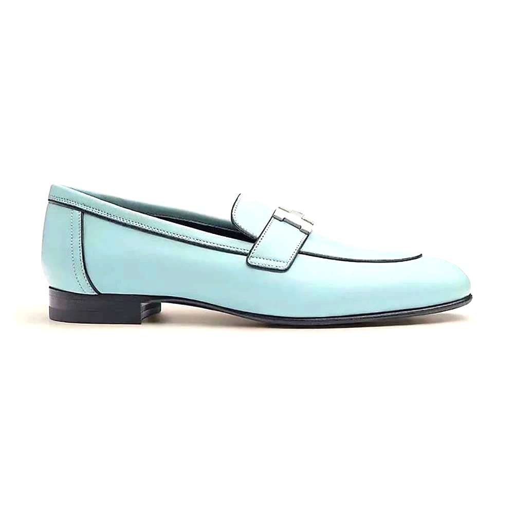 GIÀY Hermes Women Paris Loafer in Calfskin with Palladium Plated Signature “H” Detail-Blue