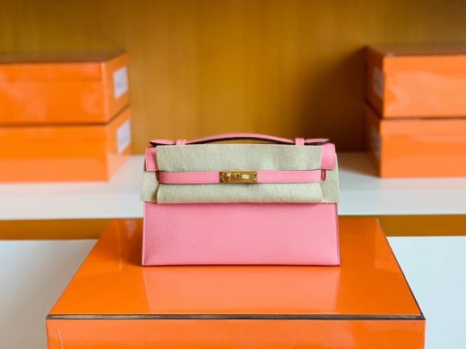 Túi Hermes Mini Kelly Pochette Epsom Creamy Pink Gold Hardware Handmade khâu tay 22cm