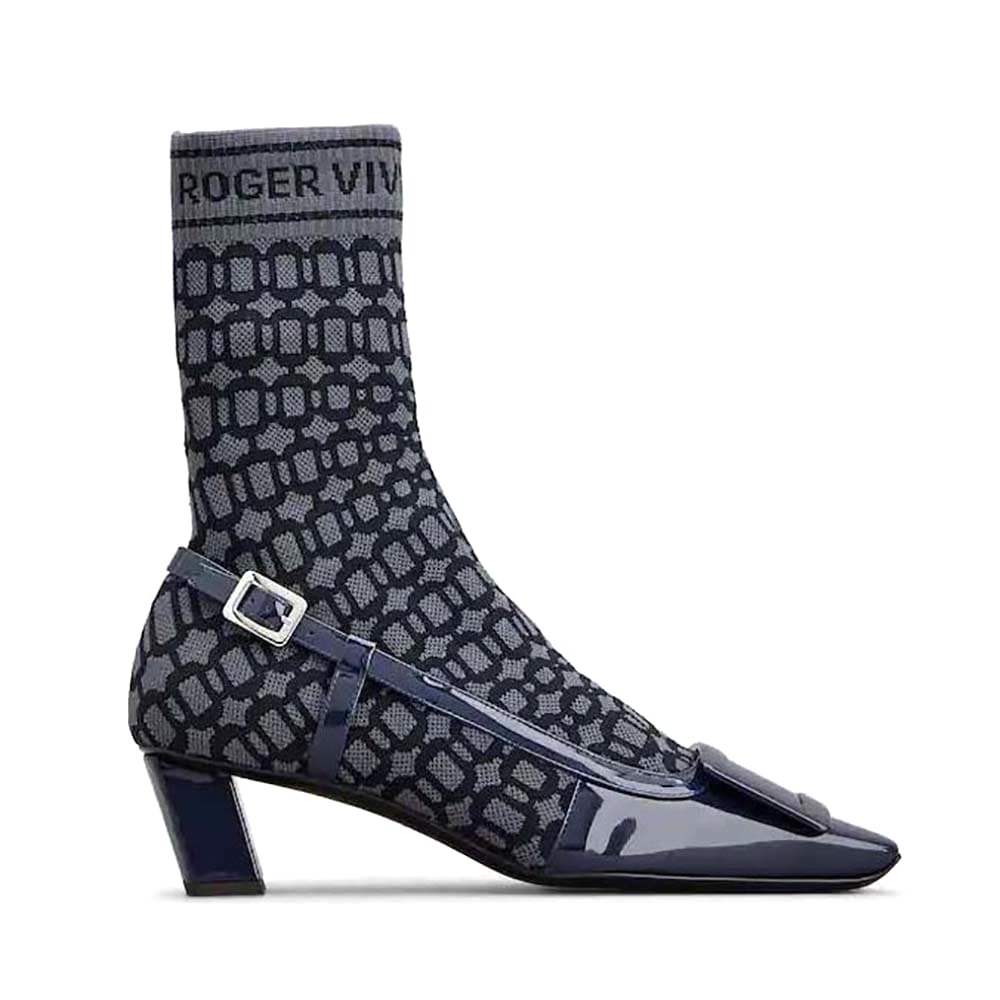 GIÀY Roger Vivier Women Belle Vivier Sock Lacquered Buckle Ankle Boots in Patent Leather-Blue