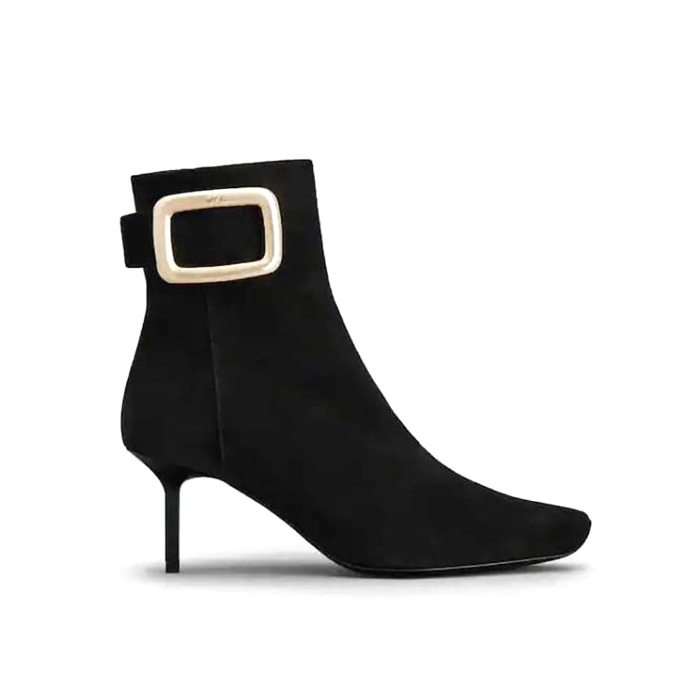 GIÀY Roger Vivier Women Viv’ Choc Metal Buckle Booties in Suede-Black