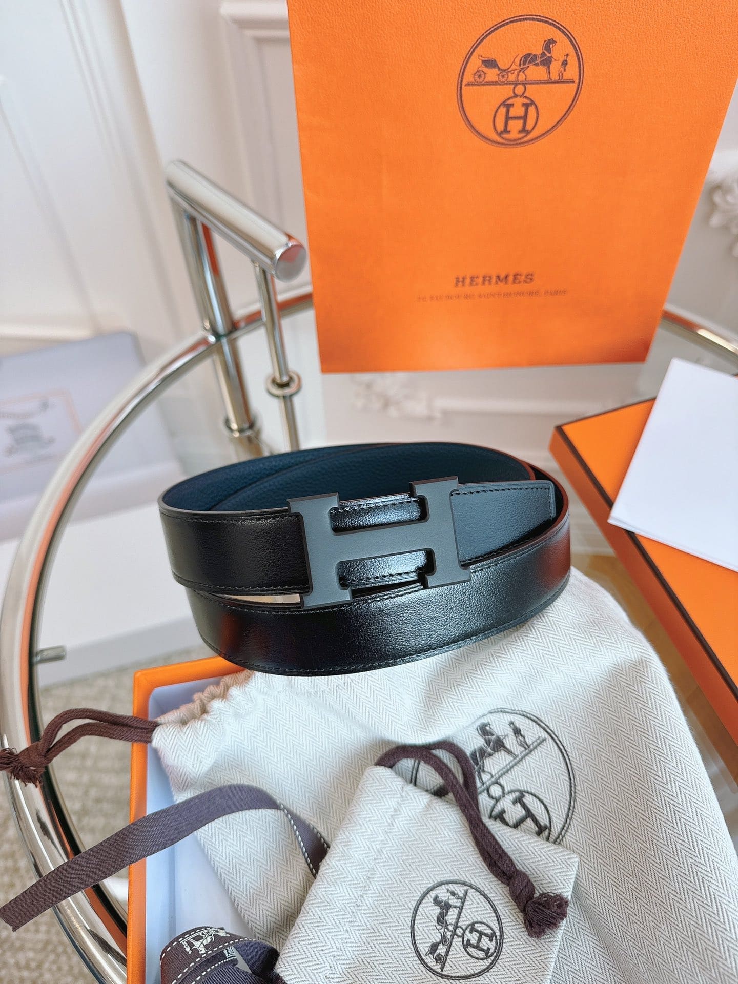 DÂY LƯNG HERMES H BLACK BLUE Togo leather hai mặt khóa đen
