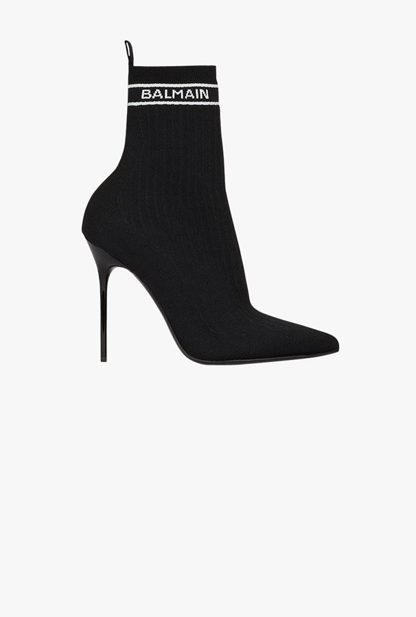 GIÀY BALMAIN Black and white stretch knit Skye ankle boots
