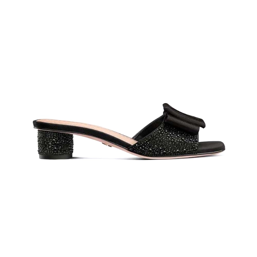 GUỐC Dior Women Idylle Heeled Slide Black Suede Covered with Strass and Grosgrain