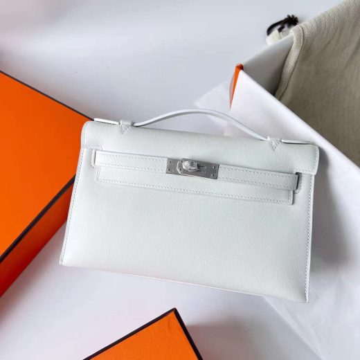 Túi Hermes Mini Kelly Pochette Swift Pure White Silver Hardware Handmade khâu tay 22cm