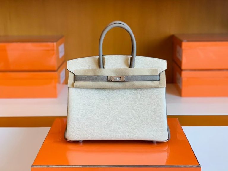 Túi Hermes Birkin Togo Creamy White & gris ashpite Handmade khâu tay 25cm