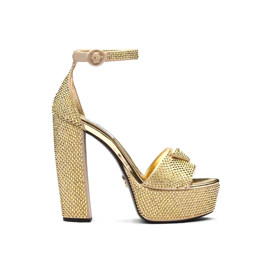 GIÀY Prada Women Satin Platform Sandals with Crystals-Gold