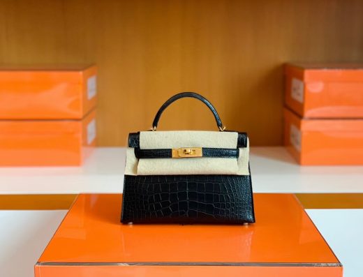 Túi Hermes Mini Kelly Sellier Matte Alligator crocodile Black Gold Hardware Handmade khâu tay 19cm