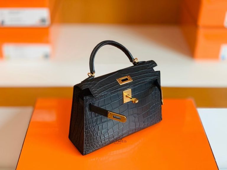 Túi Hermes Mini Kelly Matte Alligator Graphite grey Gold Hardware Handmade khâu tay 19cm