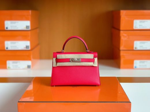 Túi Hermes mini kelly Epsom Rose Pink Silver Hardware Handmade khâu tay 19cm