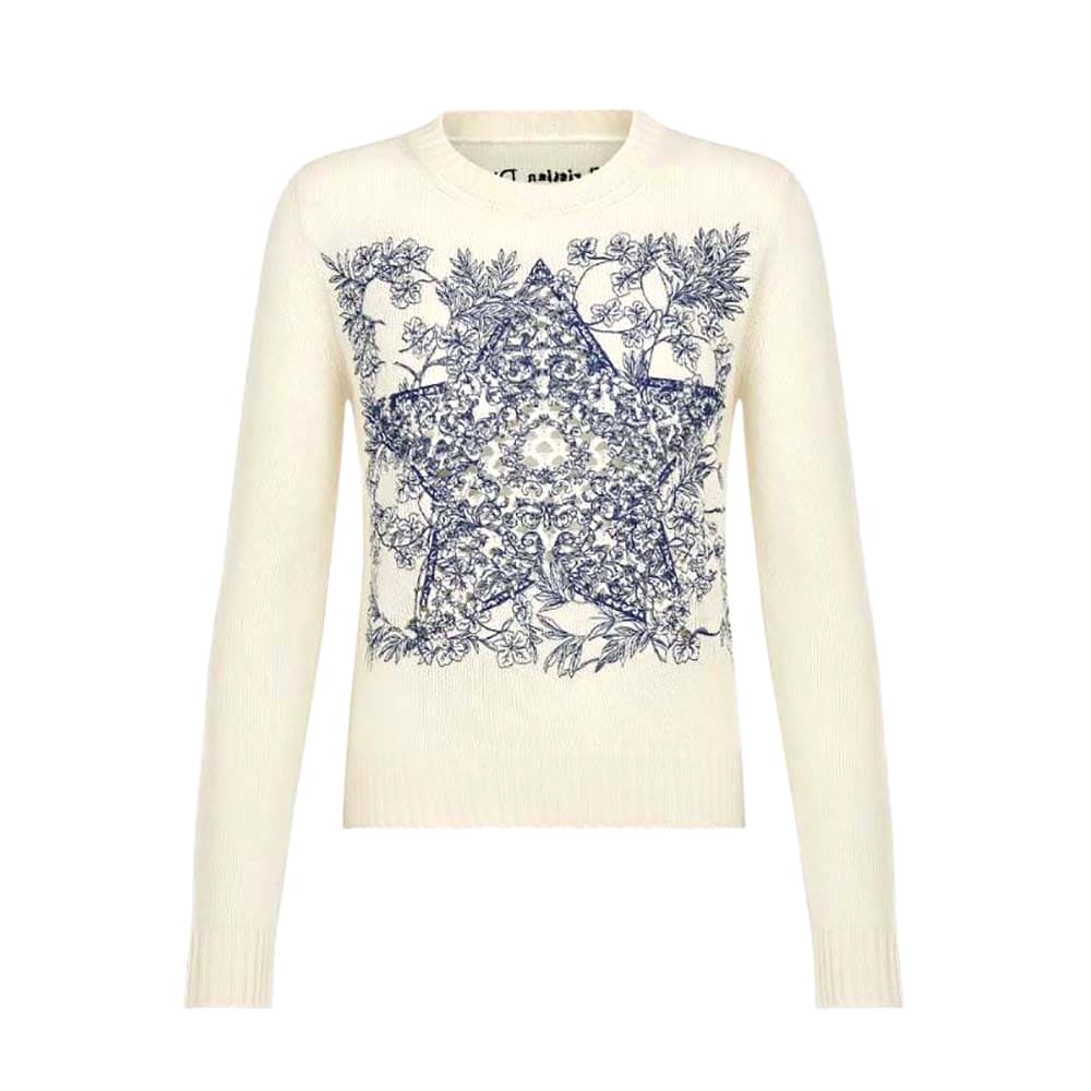 ÁO Dior Sweater Ecru Cashmere Knit with Blue Dior Sevilla Star Motif
