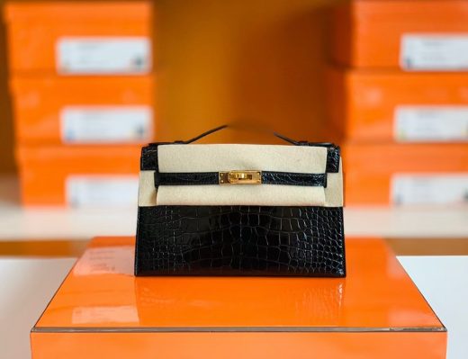 Túi Hermes Mini Kelly pochette Shiny Alligator da cá sấu Black Gold Hardware khâu tay 22cm