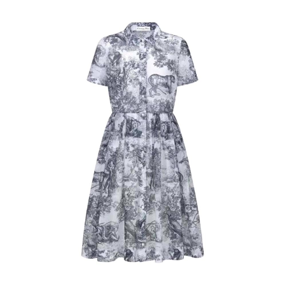 Váy Dior Women Mid-Length Shirt Dress White and Navy Blue Toile de Jouy Cotton Voile