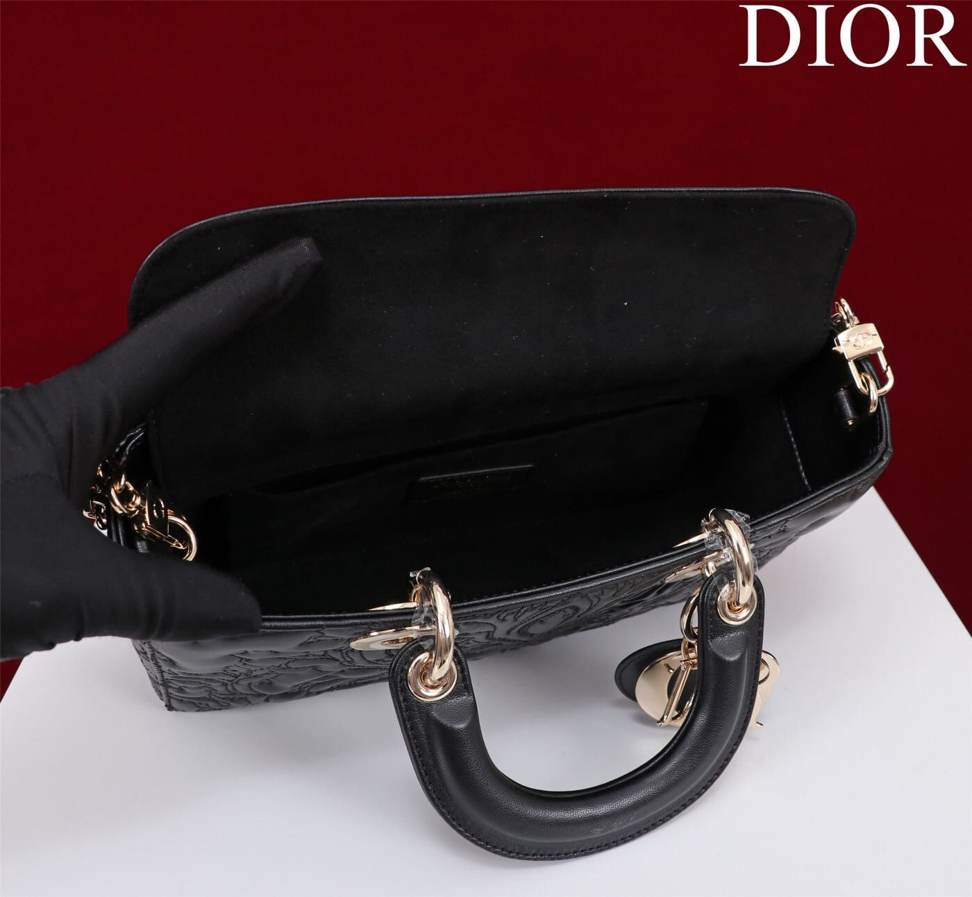 TÚI CHRISTIAN DIOR LADY D-JOY BLACK Quilted-Effect Lambskin with Ornamental Motif