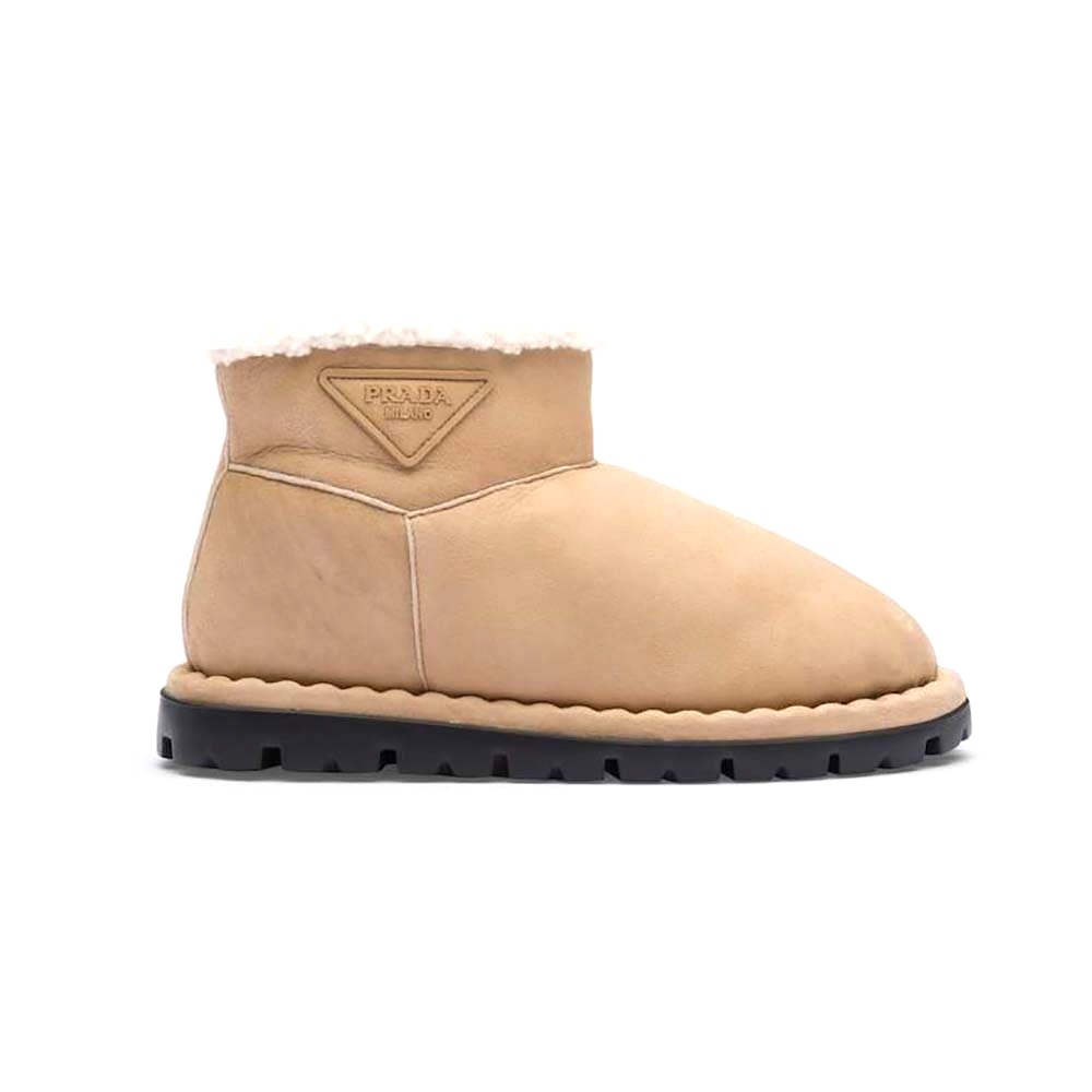 GIÀY Prada Unisex Shearling Booties with Rubber Triangle Logo