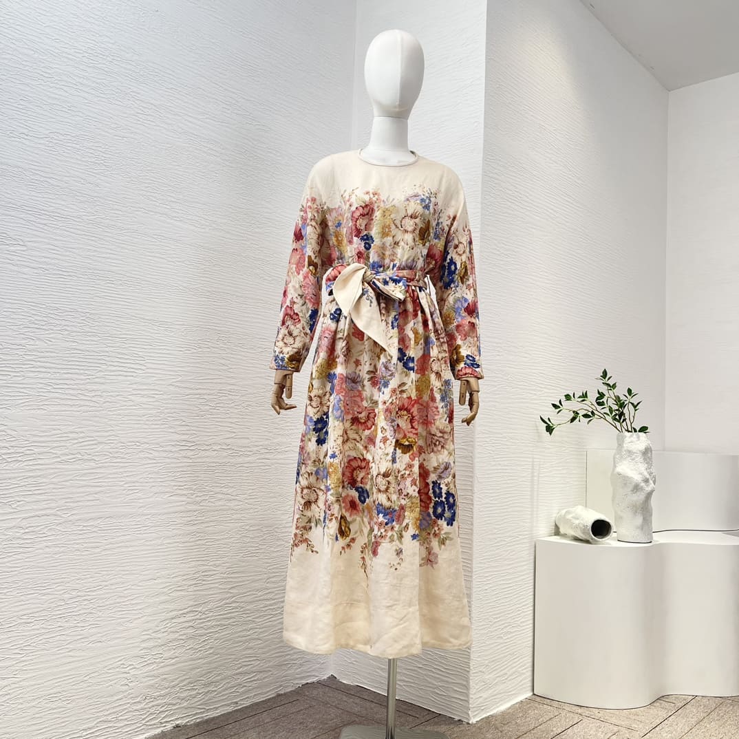 VÁY ZIMMERMANN Beige Floral Print Long Sleeve Belt Midi DressHigh Classy
