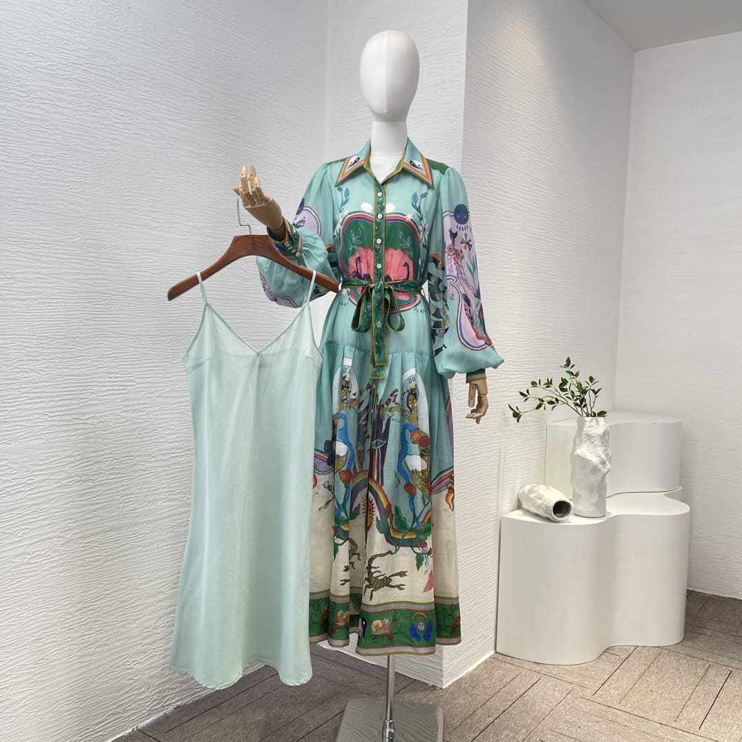 VÁY ZIMMERMANN Green Ramie Animal Printed Long Sleeve Loose Dress High Classy
