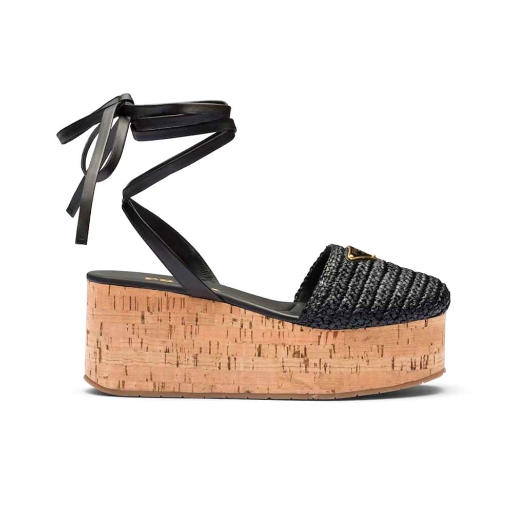 GIÀY Prada Women Crochet Wedge Sandals with Enameled Metal Triangle Logo-Black